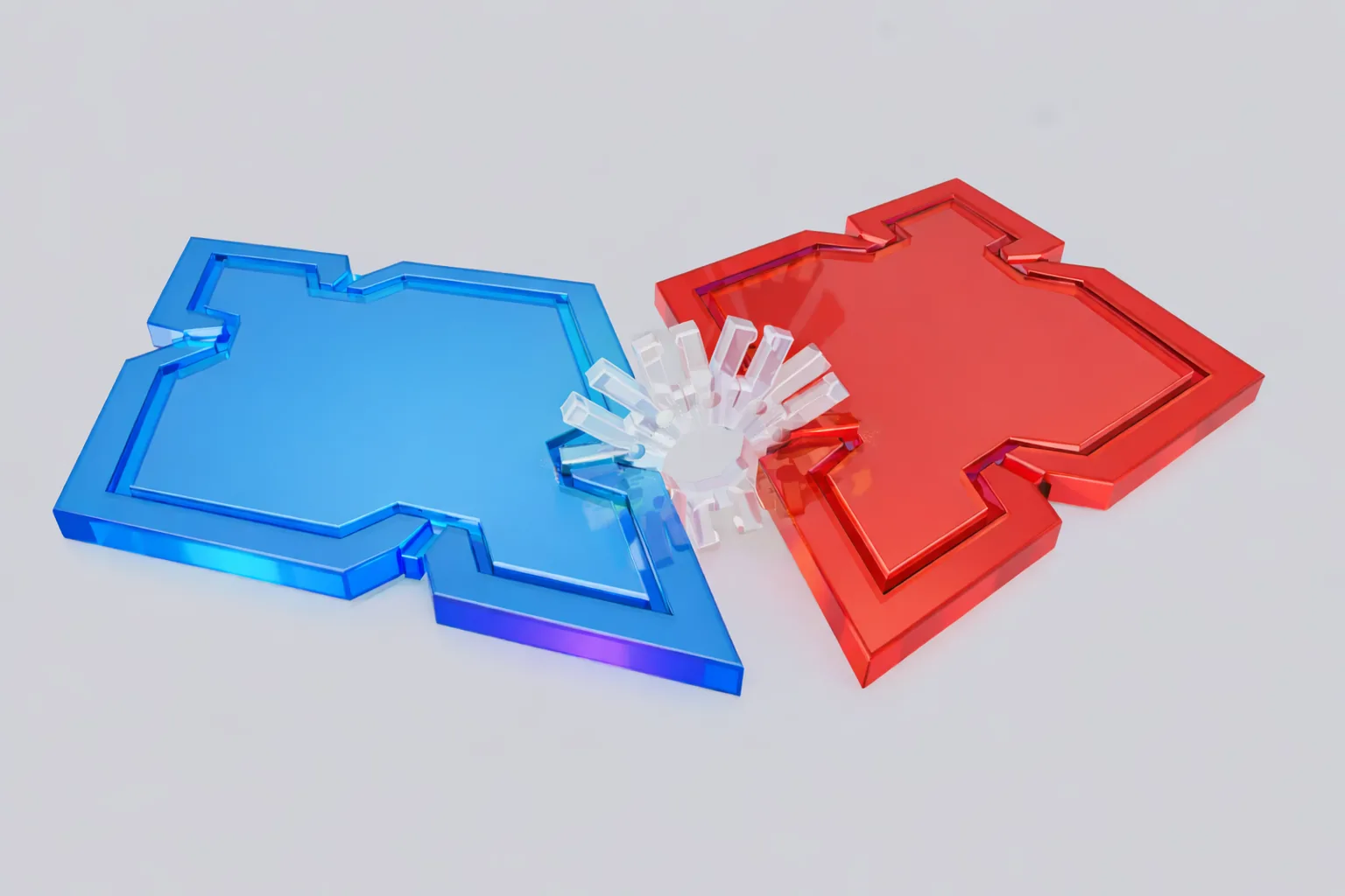 A blue Rhomboi and a red Rhomboi joined by a snowflake connector
